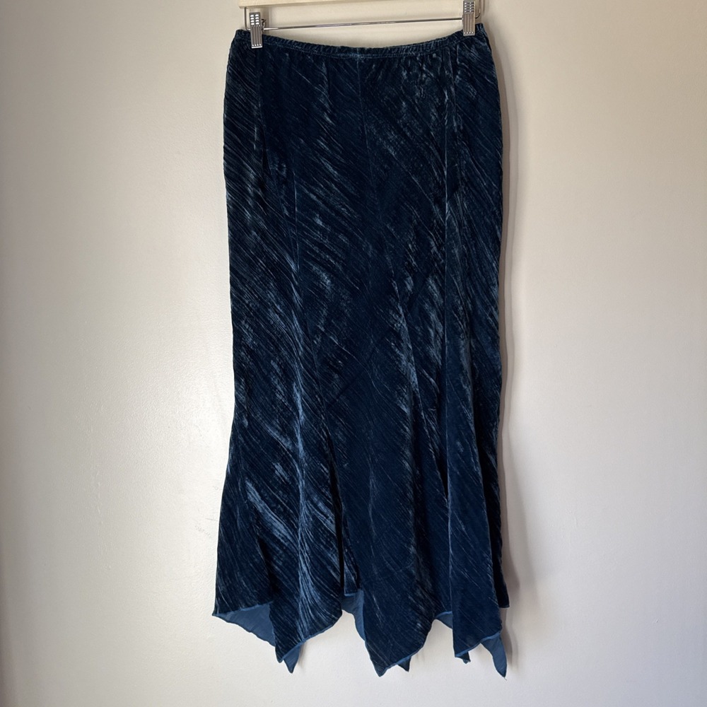 Vintage Caribe Maxi Skirt Boho Velvet Teal Blue Asymmetric Hippie Festival Fairy